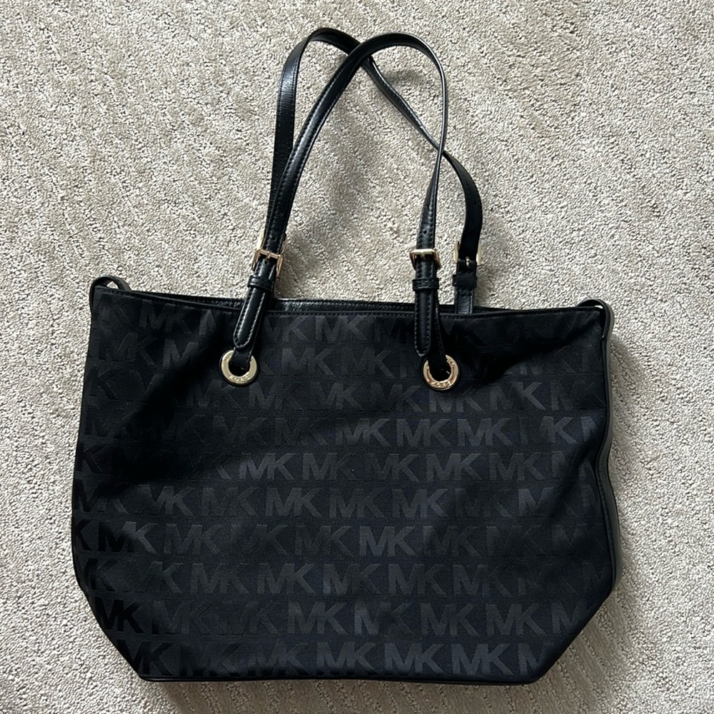Michael Kors Black on Black Leather Signature Shoulder Handbag Purse Tote Bag
